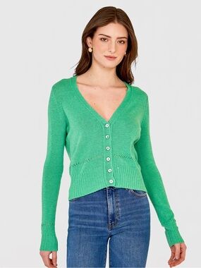 Autumn Cashmere V-Neck Cardigan W/ Pointelle Stitch Detail In Spearmint Small